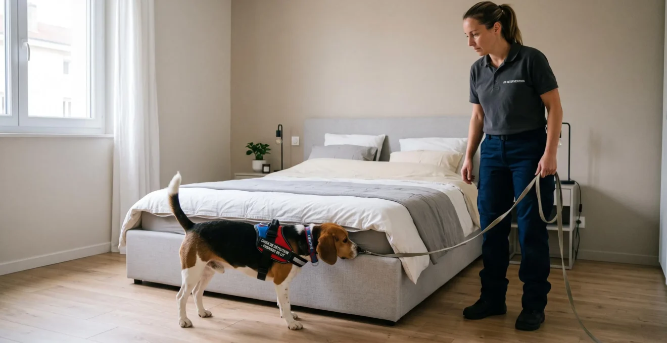 Chien détecteur certifié en train de renifler activement le sommier d'un lit contemporain lors d'une intervention professionnelle de détection de punaises de lit dans une chambre française moderne