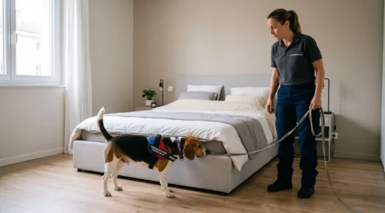 Chien détecteur certifié en train de renifler activement le sommier d'un lit contemporain lors d'une intervention professionnelle de détection de punaises de lit dans une chambre française moderne