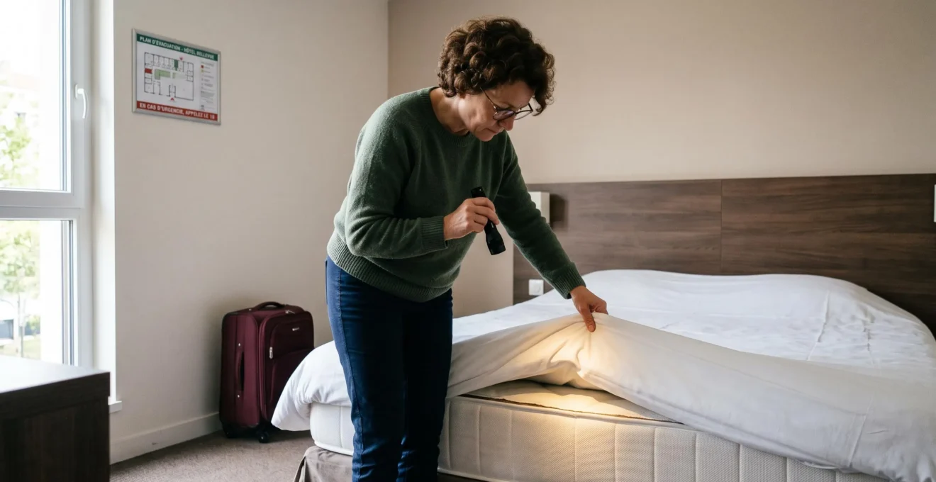 Voyageuse inspectant méthodiquement le sommier d'un lit d'hôtel avec lampe de poche lors de son arrivée en chambre, geste de prévention contre les punaises de lit